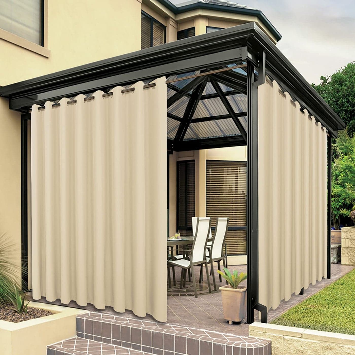 BONZER Wide Waterproof Outdoor Curtains for Patio Heavy Privacy Sunlight Blocking Grommet Outside Curtains for Porch Pergola Gazebo 1 Panel 110W x 108L inch Cream