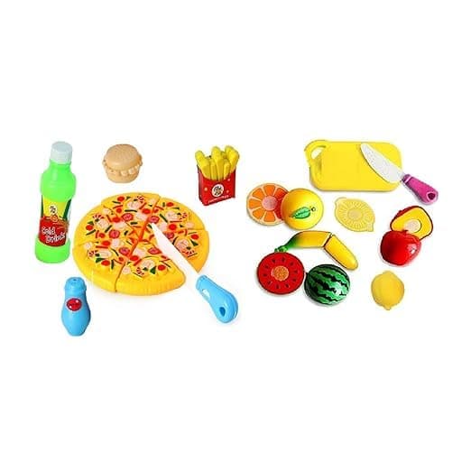 BabyGo 13 Pcs Cutting Play Food Toy Set for Kids | Pretend Kitchen Play Set with Pizza, Fruits & Vegetables | Sliceable Food Cutting Toys with Board & Knife |Educational Role Play Toy for Boys & Girls