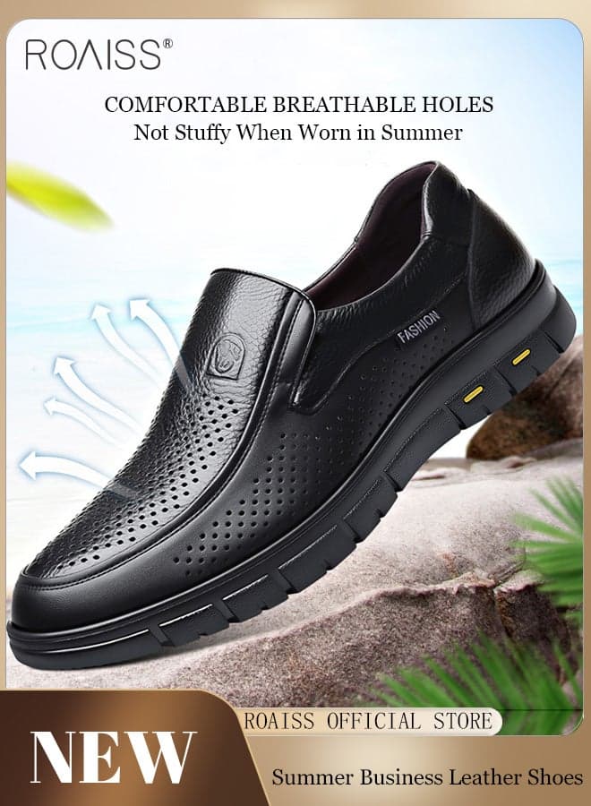 Men's Business Breathable Hollow Leather Shoes for Men Round Toe Leather Shoes with Anti-slip Sole and Hollow-carved Design Mens Soft Slip-on Stylish Shoes Suitable for Office Wedding Daily Wear