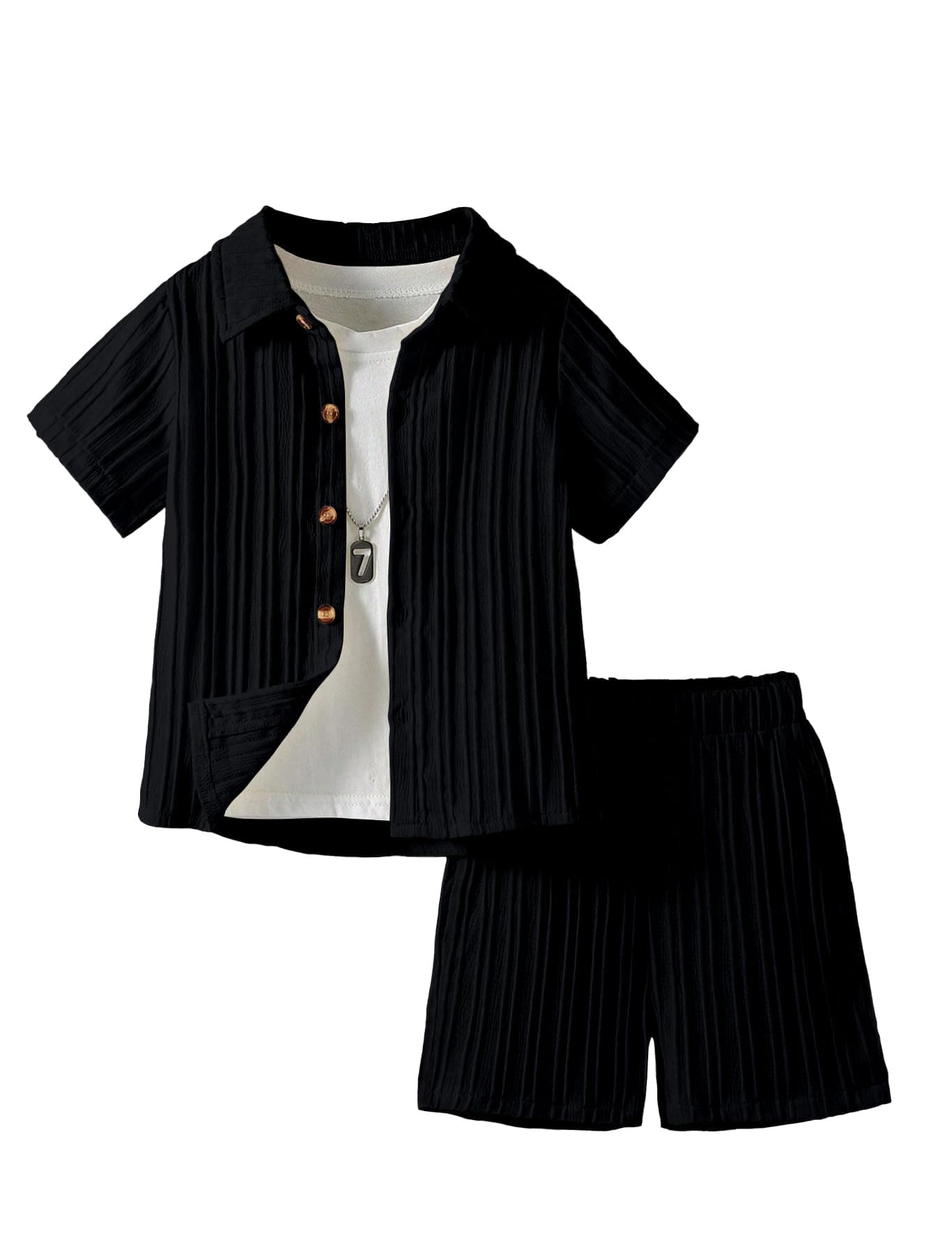 AVANOVA Boys Black 2-Piece Outfit Set – Short Sleeve Button Front Shirt with Matching Shorts, Summer Casual Clothing for Kids, Lightweight Polyester Blend, School & Holiday Wear (KD-3003-Black-4 Y)