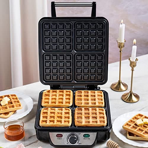 Borosil 1100W Jumbo Waffle Maker | Can Make 4 Waffles At a Time | Non-Stick Coating Plates Opens to 105°, BPA & PTFE Free | Power Indicators | 2 Year Warranty