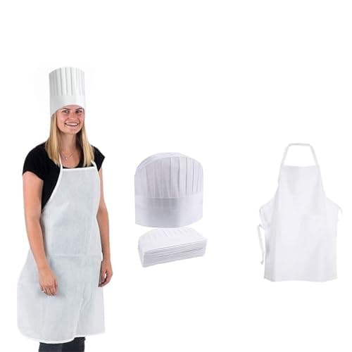 Leios Disposable Kitchen apron and Chef Cap White combo set for Men and Women. Ready to use kit for Restaurant Banquet Catering and Cooking Classe. Combo Kitchen Apron 10 Pcs + chef Cap 10 pcs.
