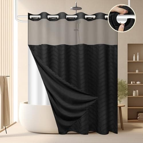 FADOTY No Hook Shower Curtain and Snap in Liner Set Black Tufted Chevron Striped Cloth Waterproof Washable Fabric Boho Farmhouse Bath Curtain See Through Mesh Top Window for Bathroom Hotel 71 x 86