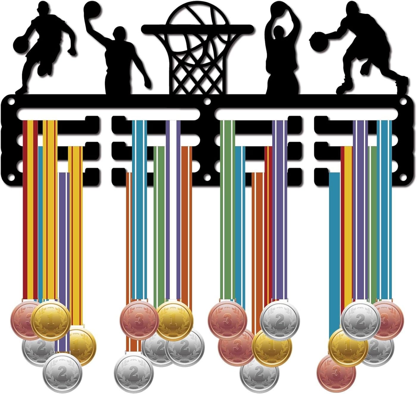 CREATCABIN Basketball Medal Holder Medal Hanger Rack Display Hanging Awards Wall Mounted Room Decor 3 Lines Design Hold 60 Medals Gift for Basketball Athletes Race Competition Winner 114x51 Inch