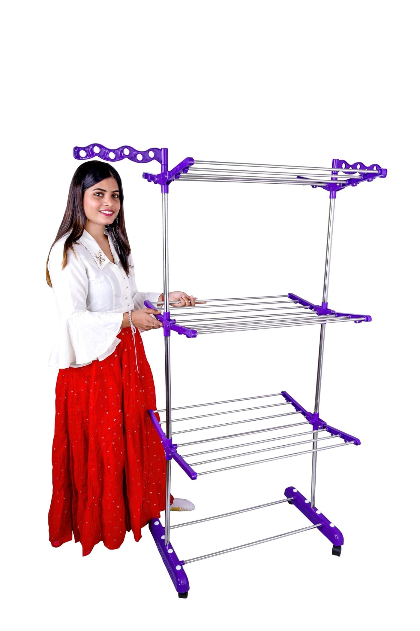 UNIZONE Stainless Steel 3-Tier Single Pole Foldable Clothes Drying Stand with Side Wings | Indoor Outdoor Laundry Rack | Space Saver for Balcony (Purple)