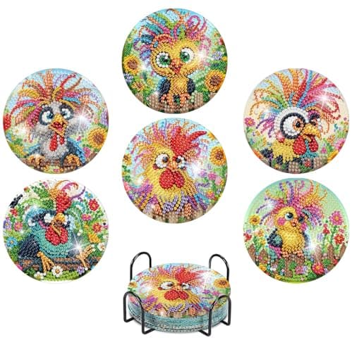 uuxsretaio 6 Pcs Chicken Diamond Art Coasters with Holder, DIY Small Diamond Art Coasters Set, Non Slip Diamond Painting Kits, DIY Art Crafts Projects Small Painting Kits for Beginners 4x4 Inch