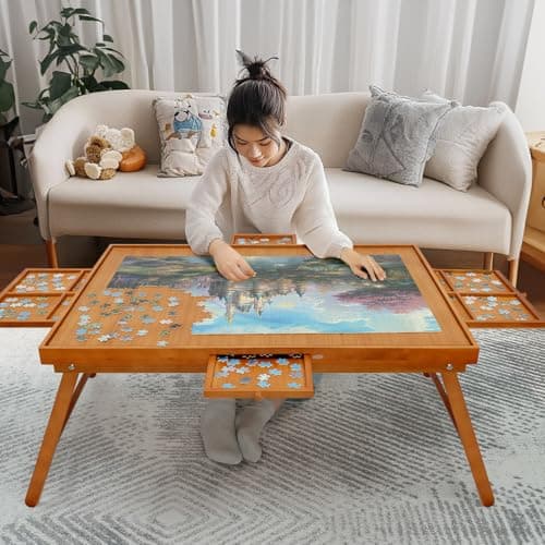 HALLYBEE Puzzle Table 1500 Pieces Wooden Puzzle Board with Legs 343x 265 Jigsaw Board with 4 Drawers and Cover Foldable Leg Jigsaw Table for Adults Red Brown
