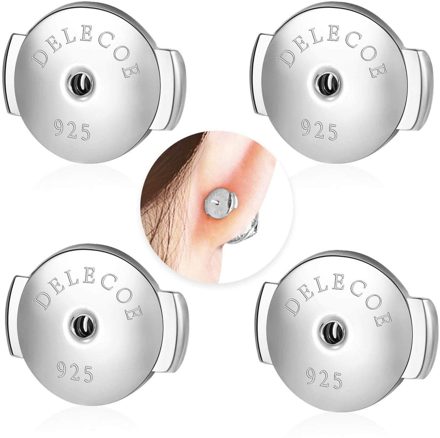 DELECOE 2 Pairs 18K White Gold Locking Stud Earring Backs Replacements Hypoallergenic 925 Silver Secure Push Earring Backs Comfort NoFading