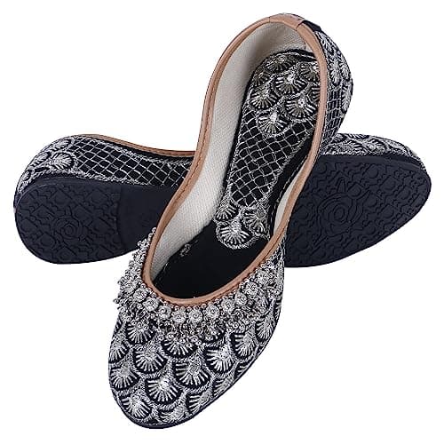 DFR Women Comfortable Cushioned Traditional Ethnic Rajasthani Embroidered with Payal Punjabi Style Mojari Jutti Fancy Bellies Shoe Woman’s Black4, UK Size 4