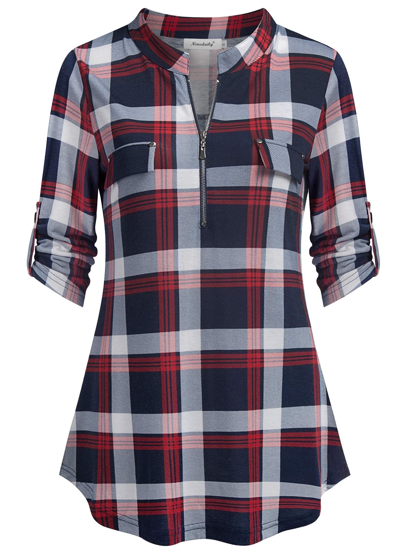 Ninedaily Plaid Shirts for Women, Checkered Blusas Para Mujer Flowy Layering Swing Bottom Breathable Comfortable Peplum Pretty Cute Misses Young Ladies Flannel NavyWhiteRed Plus Size 2XL 20
