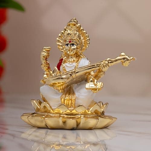 Idolkart 24K Gold Saraswati Maa Murti – Saraswati Maa Idol with Veena on Lotus for Home Temple and Home Decor | Maa Saraswati Idol for House Warming Gifts | Saraswathi Idol for Diwali Decor (3 Inch)