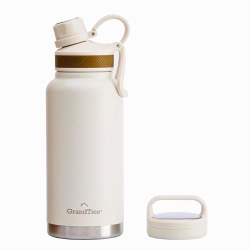 GRANDTIES 2 Lids Sports Stainless Steel Water Bottles – Wide Mouth Vacuum Insulated Reusable Leak Proof BPA-Free Travel Metal Canteen, Thermal Bottles for Men Women Gym (Ivory White 32 oz)