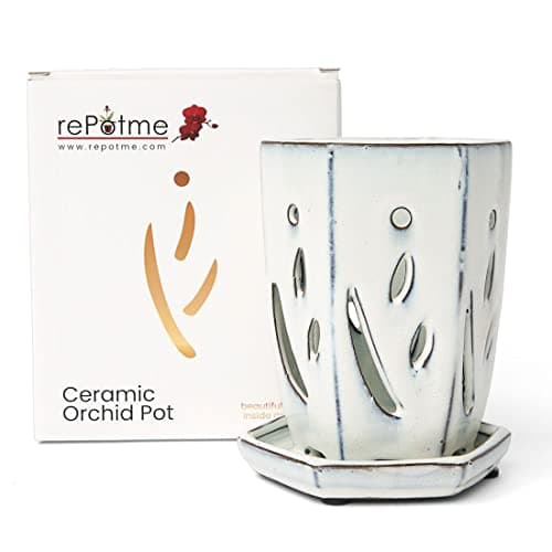 rePotme 4 x 6 inch Ceramic Orchid Pot (White Diamond) - Hexagon Orchid Pot with Holes