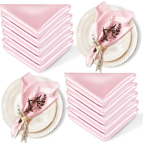 Cobedzy 12 Pack Satin Table Cloth Napkins, 17x17 Inch Blush Pink Silky Wedding Napkins Cloth Washable, Luxury Dining Table Cloth Napkins Set for Birthday Holiday Party Dinner Restaurant