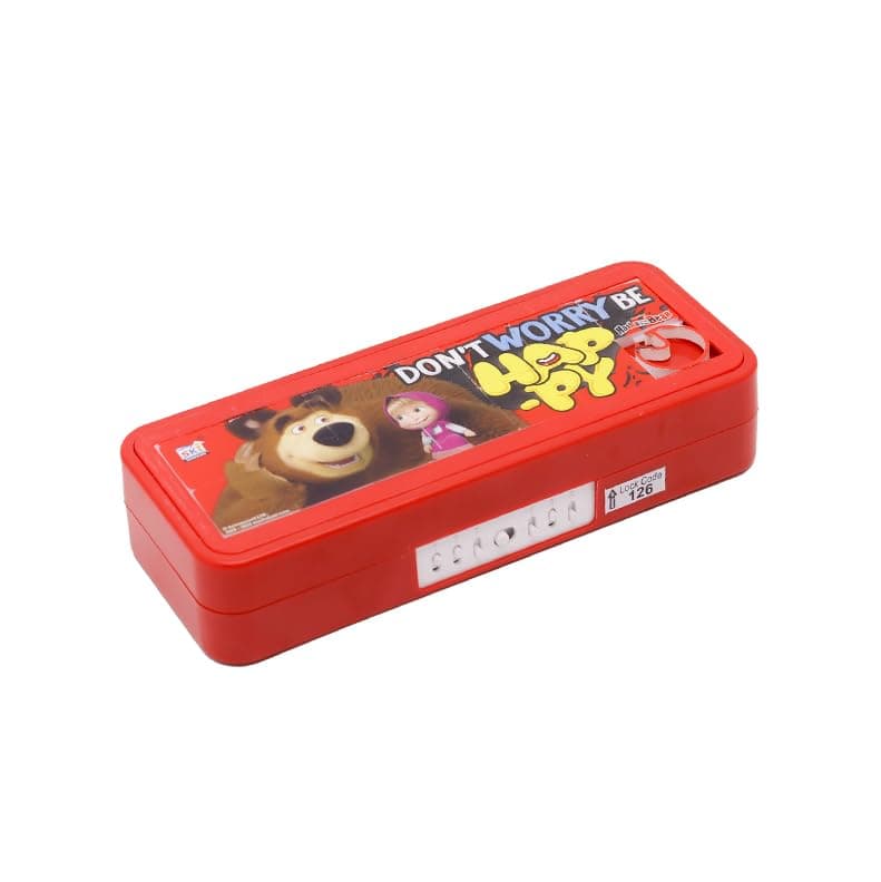 SKi Homeware Plastic Puzzle Pencil Box With Number Lock Password & With Compartment- Complimentary Stationery - Return Gifts For School Kids Boys &Girls Birthday Party, (Masha & The Bear),red