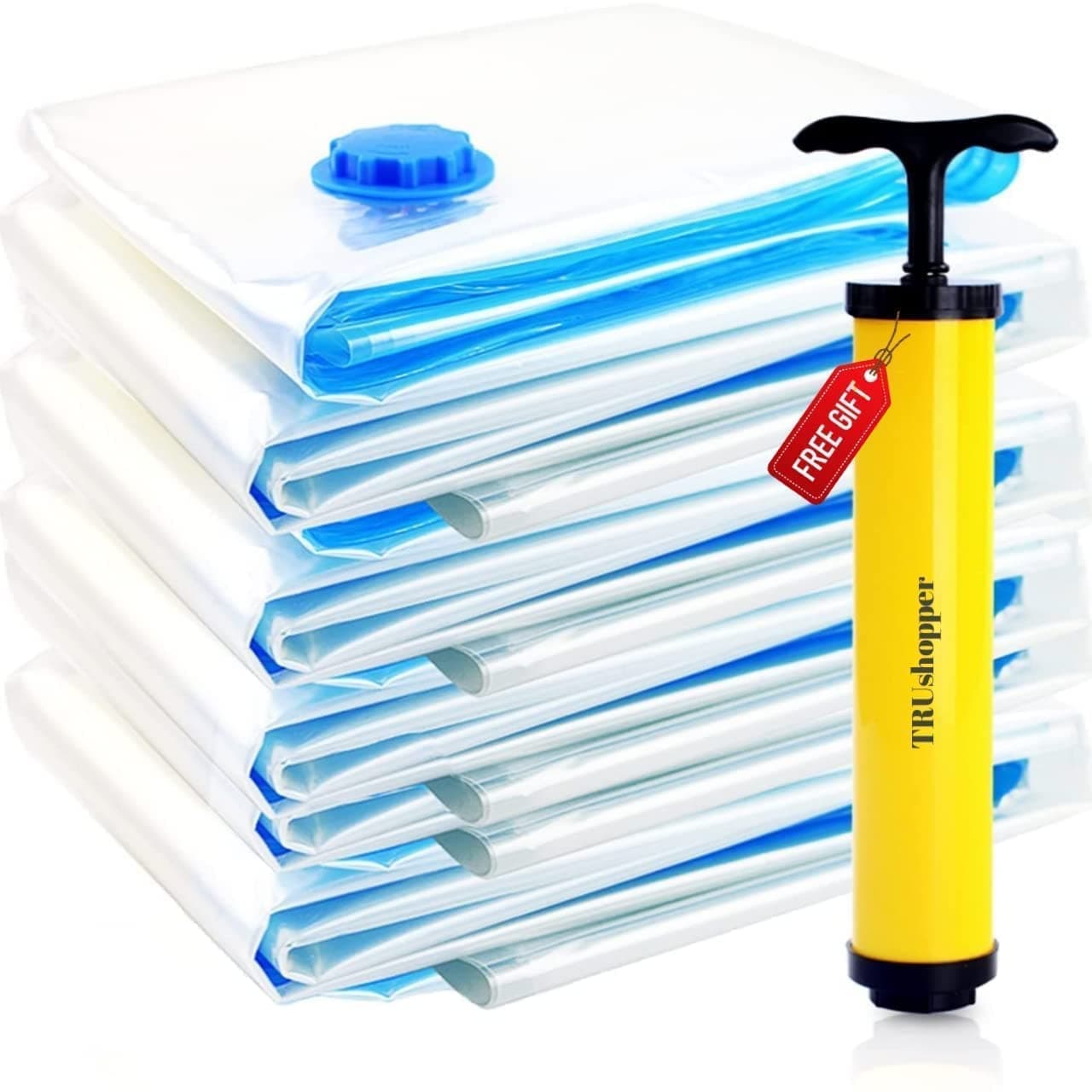 DRUDRAYA Bag with Pump for Blanket Storage Reusable Ziplock Space Saver Bags Save 80 More Space Pack of 53 Medium 50x60cm 2 Large 60x80cm With 1 Free of Vacuum Air Hand Pump Polycotton Large