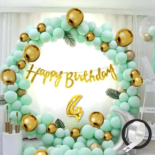 Flyloons 4th Green Gold Happy Birthday Decoration for Girls Kids Boys, Golden Glitter Happy Birthday Banner,Green Pastel Balloons,Golden Chrome Balloon,Arch Tape birthday decoration items for room