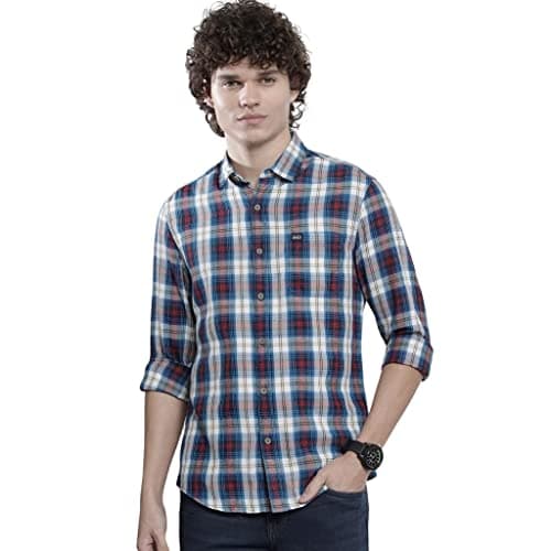 The Indian Garage Co Men Blue Checkered Slim Fit Cotton Casual Shirt