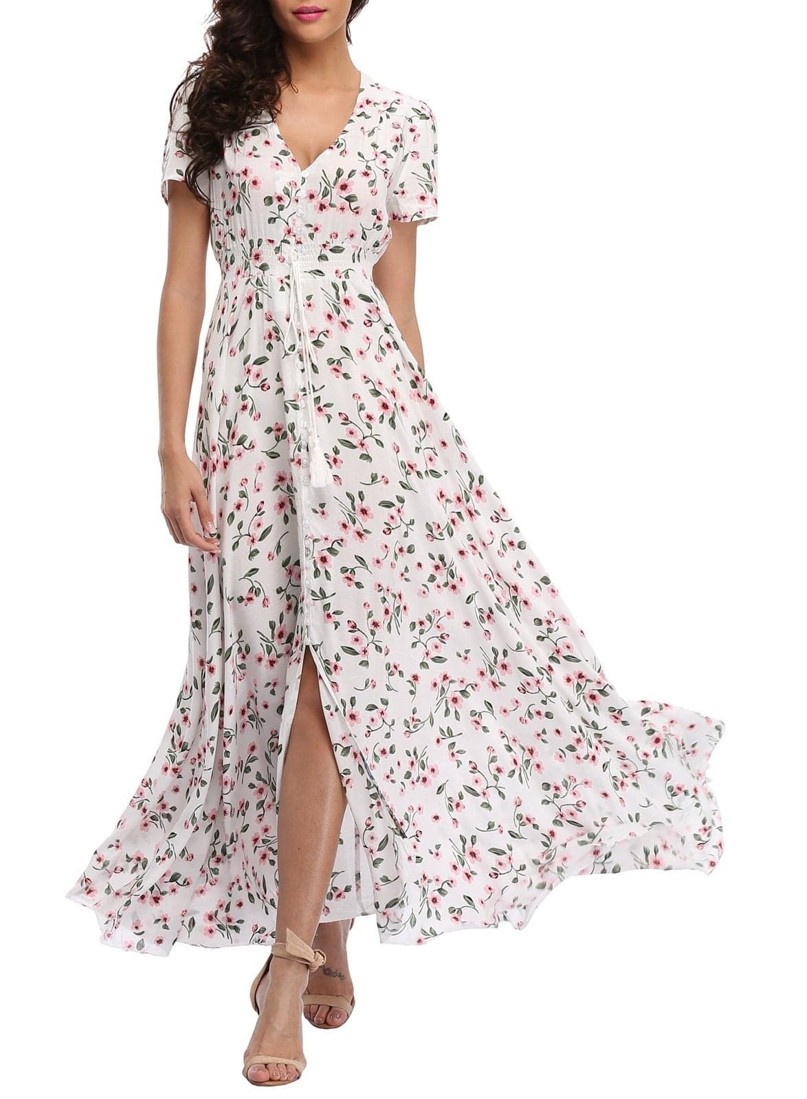 VintageClothing Women's Floral Maxi Dresses Boho Button Up Split Summer Casual Long Dress Beach Party Dress, White&Floral, 2XL