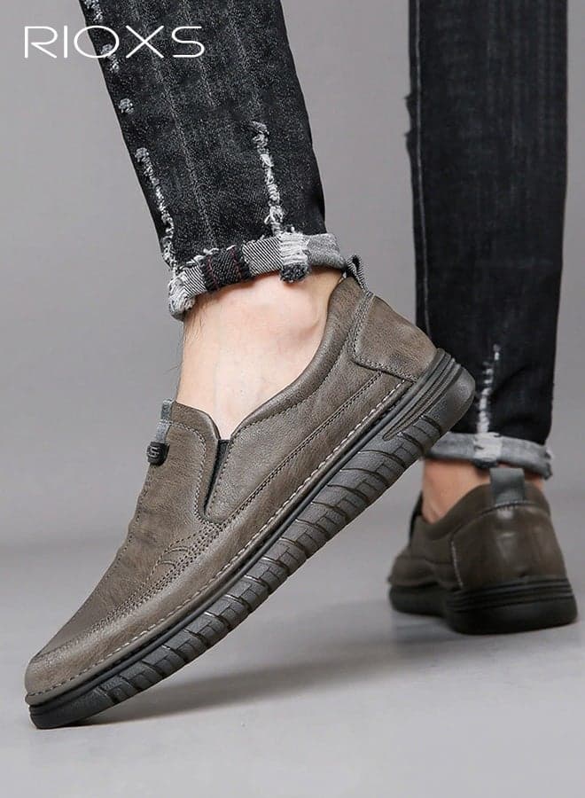 Men's Flat Loafers, Classic Slip On Casual Loafers for Men, Premium Leather Dress Shoes, Man Comfort Driving Penny Shoes, Lightweight Walking Shoes for Dad, Non-slip Shoes for Work/ Travel/ Driving/ Meeting/ Daily, Fashion Footwear Khaki Grey