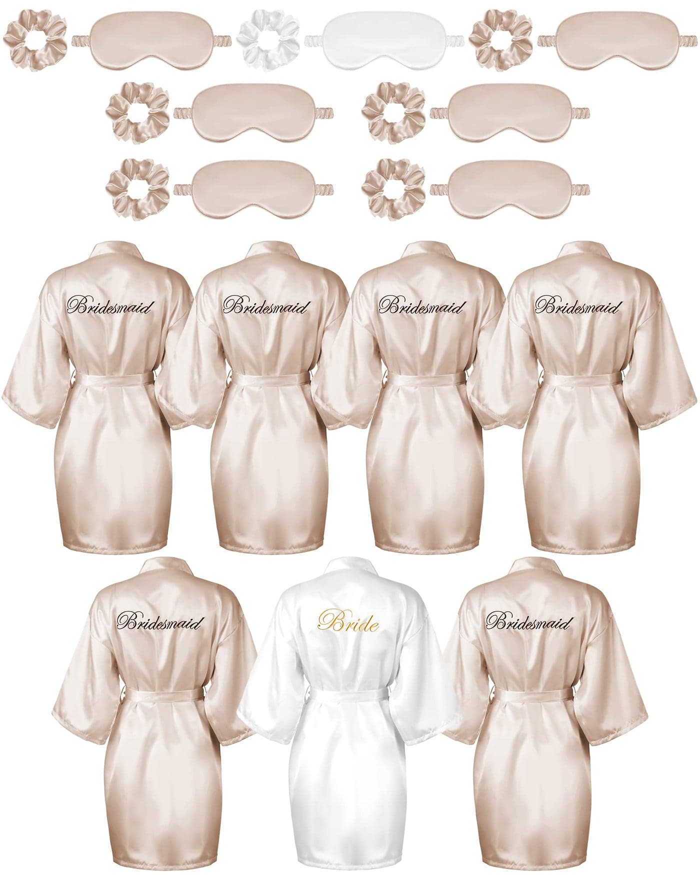 Jecery 7 Pcs Bridesmaid Robe Sets Bride Silk Satin Bridal Party with Sleeping Eye Mask and Elastic HeadbandWhite Champagne