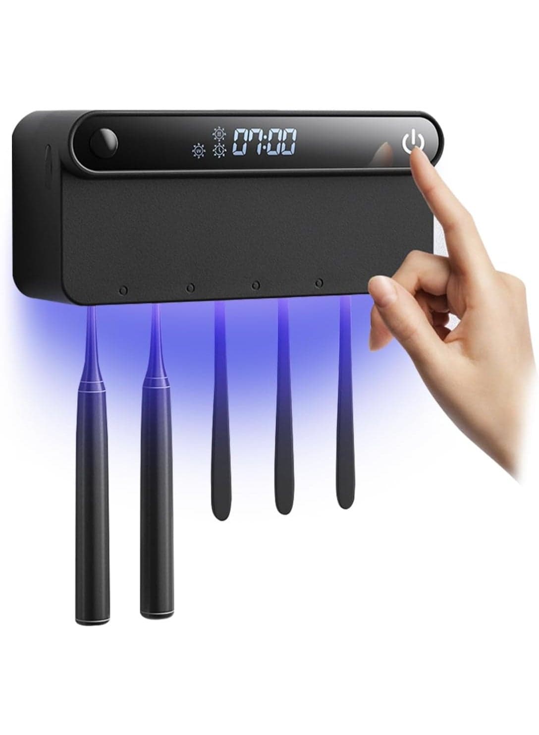 UV Toothbrush Sanitizer Wall Mounted Toothbrush Holder 5 Slots Tooth Brush Sterilizer Cleaner with Sterilization Drying Timing, Rechargeable Cordless Electric Toothbrush Storage for Bathroom, Black