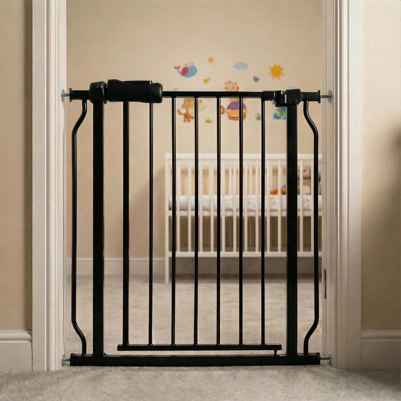 Walk Through Baby Dog Gate 2934 Inch Tension Mounted No Drilling Indoor Safety Gate for Stairs Doorways Metal Design for Kids and Pets Black