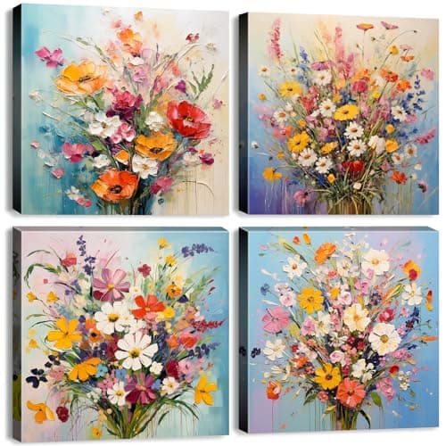 Colorful Flower Pictures Wall Decor Abstract Floral Wall Art for Living Room Watercolor Poppy Daisy Posters Nature Flowers Painting Pink Bouquet Canvas Prints Artwork Bedroom Home Decoration 12x12” 4P
