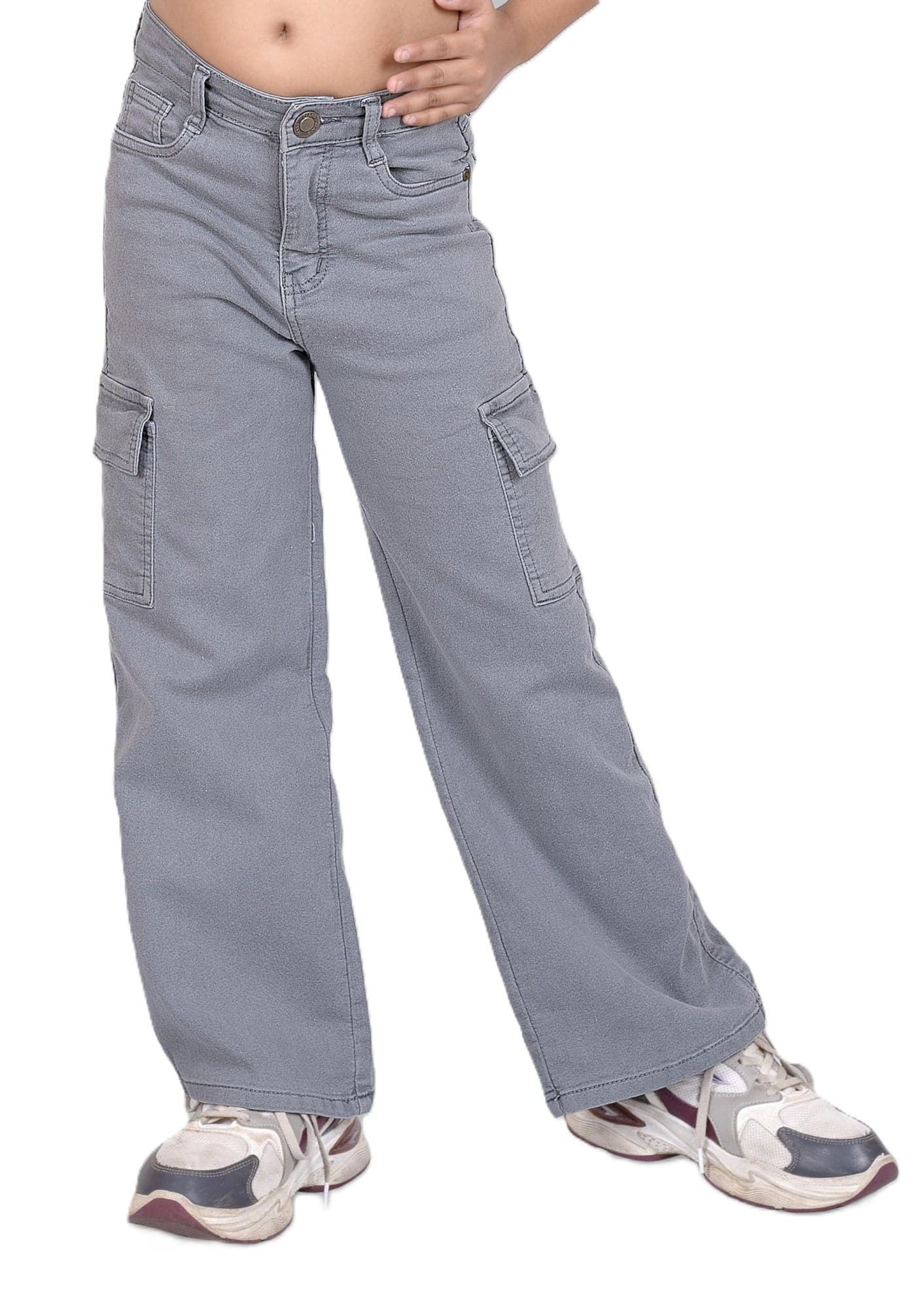 ADBUCKS Stretchable High Rise Cargo Style Straight Fit Jeans for Girls (in, Age, 5 Years, 6 Years, Grey)
