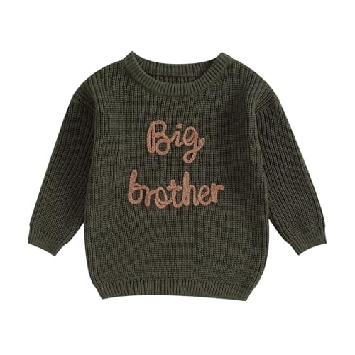 Big Brother Little Brother Matching Outfits Letter Embroidery Knit Sweater Shirt Baby Boy Winter Warm Clothes (Army Green Big Bro, 12-18 Months)