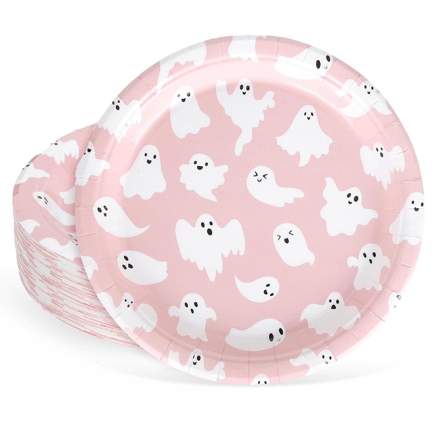Whaline 40Pcs Halloween Paper Plates Pink Ghost Disposable Plates 9 Inch Cute Cartoon Ghost Decorative Round Plates for Halloween Summerween Party Birthday Baby Shower Table Decor