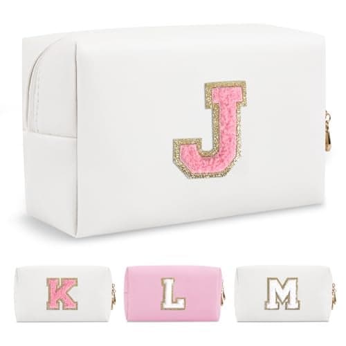 Personalized Makeup Bag Initial A-Z Preppy Patch Bag,Small PU Leather Travel Cosmetic Bag Pouch with Zipper,White Cute Toiletry Bag,Gift Ideal for Teen Girls Women Birthday Friend Mom,Letter J