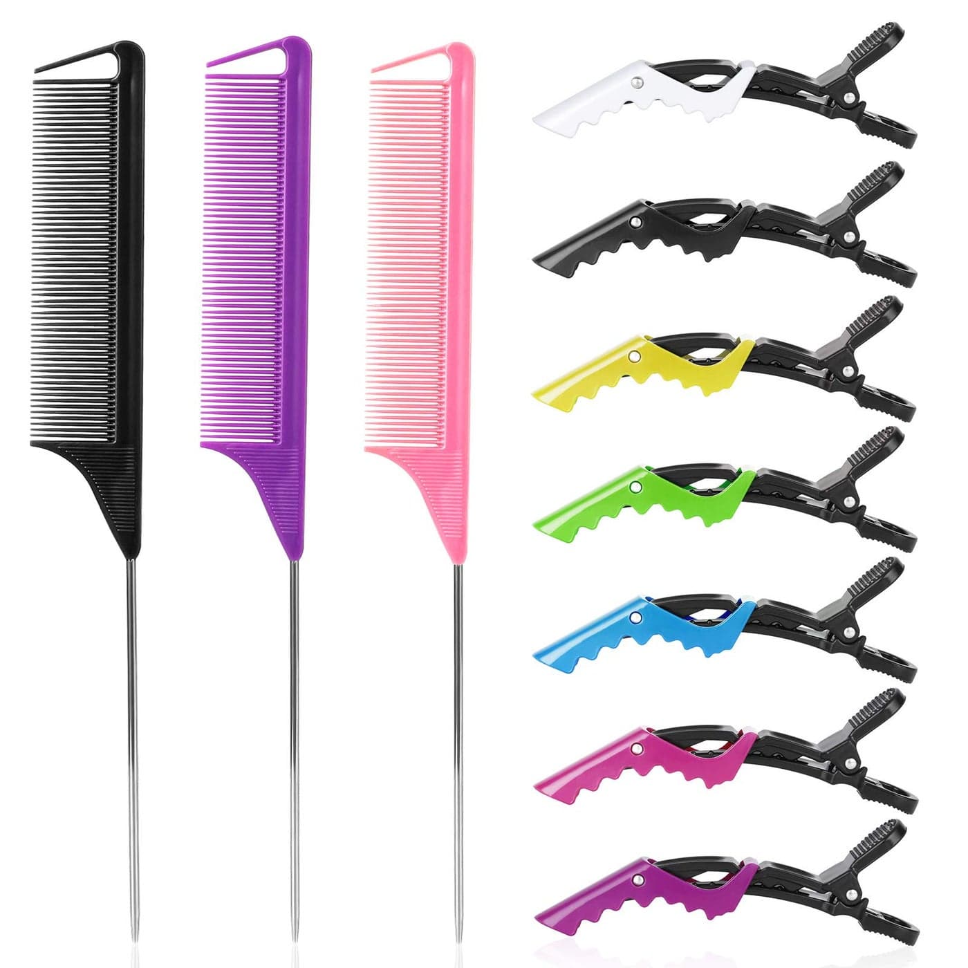 Rat Tail and Parting Combs with Styling Clips 3 Metal Teasing Combs for Braids 7 Professional Sectioning Hair Clips