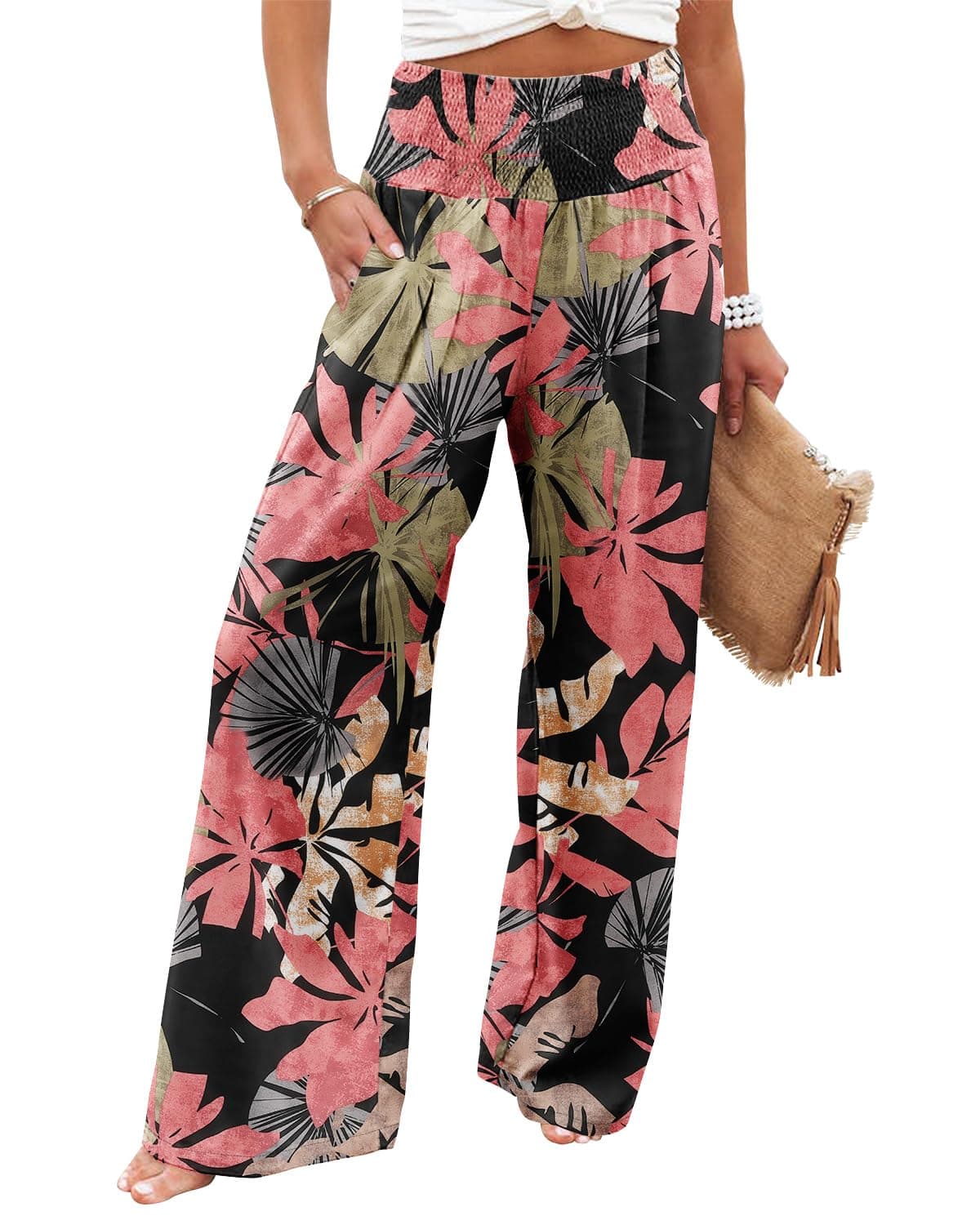 Floral Pants for Women High Waisted Business Casual Wide Leg Pants Work Pants Loose Flowy Summer Beach Pants BlackCoral XL