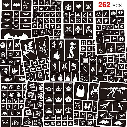 Konsait 262pcs Temporary Tattoos Stencils for Kids, Face and Body Paint Stencils Kit, Girl Boy Glitter Tattoos for Kids School Show Birthdays Halloween Christmas Party Favor Supplies