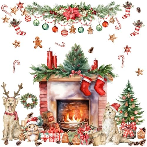 Merry Christmas Wall Stickers - Fireplace & Pine Tree Decals for Wall - Removable Winter Animals Wall Art for Christmas Party Supplies & Living Room Home Decor
