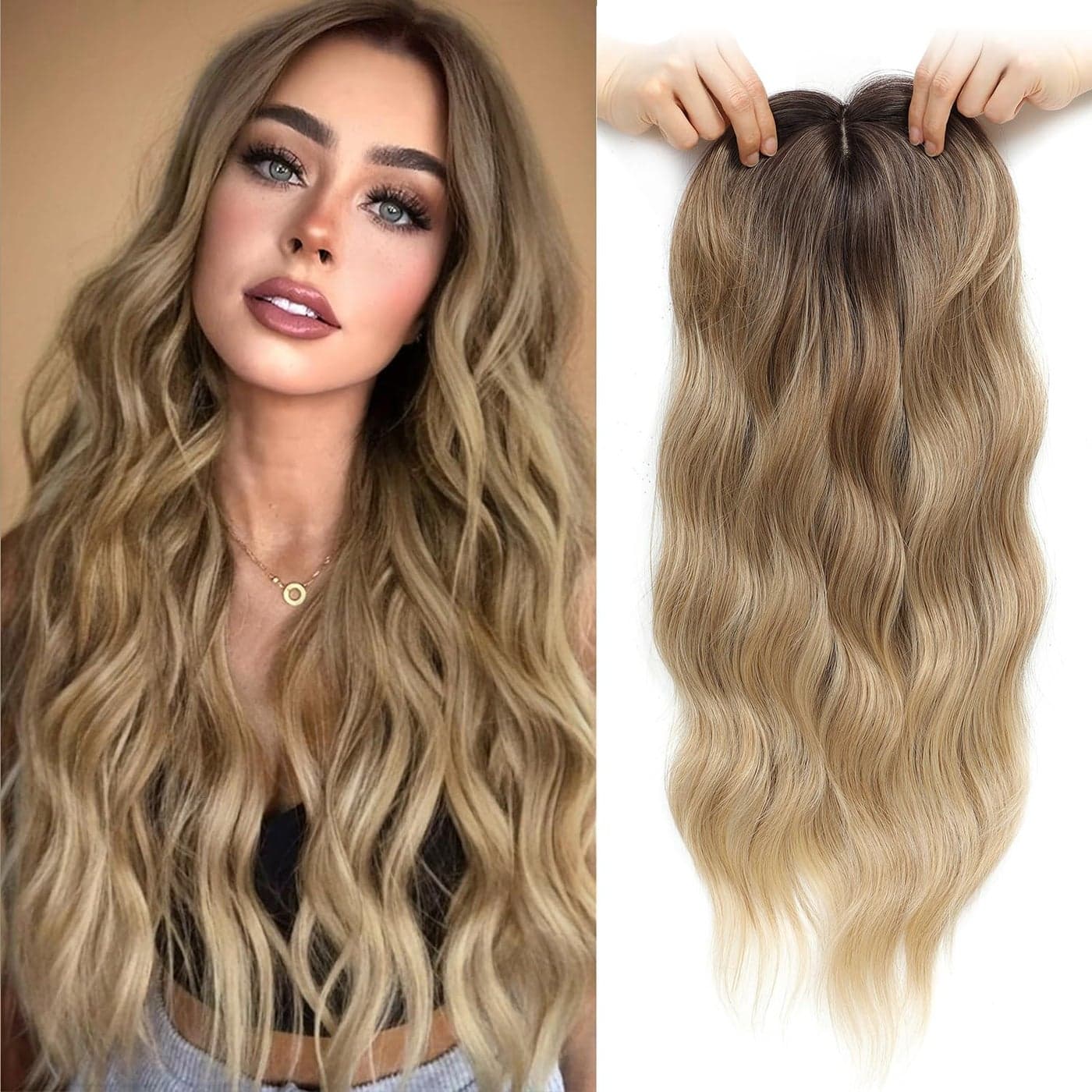 UDU Wavy Hair Topper Hair Toppers for Women 20inch Brown Toppers Hair Pieces for Women with Thinning Hair Ombre Highlight Synthetic Wig Clip In Hair Topper Wiglets with Fringe Bang Add Hair Volume