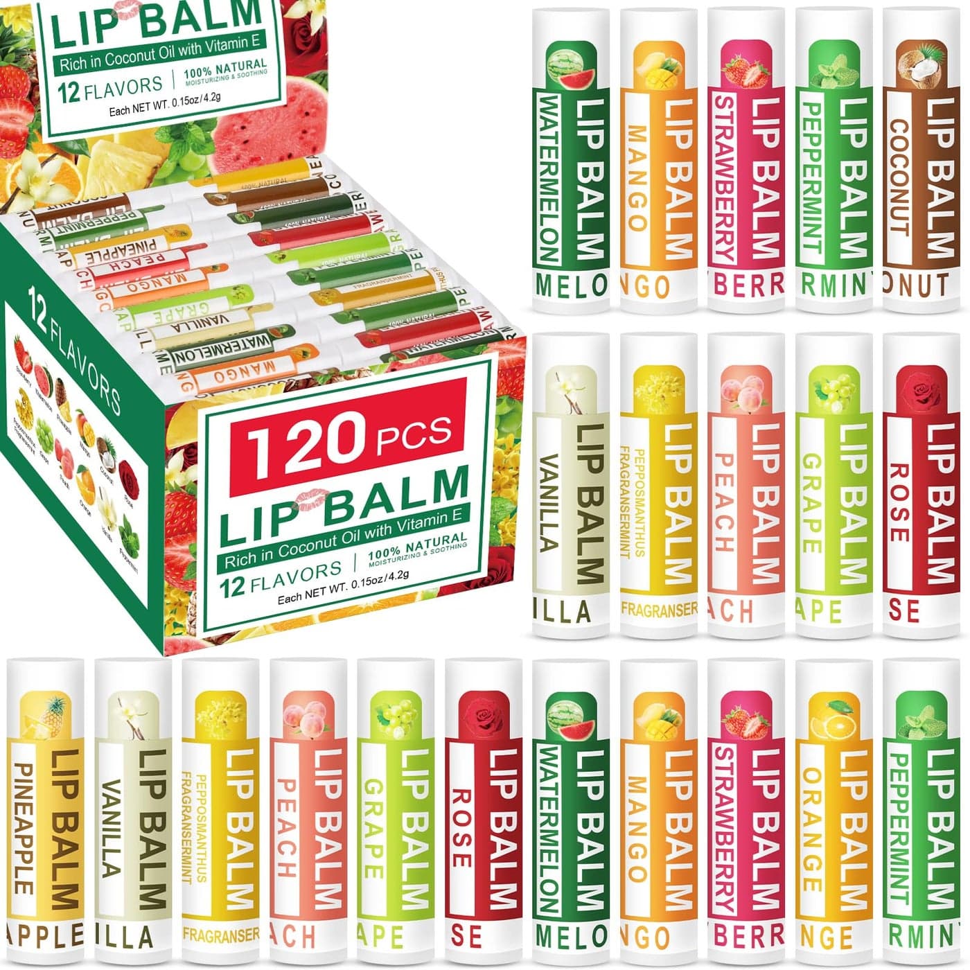 DMSKY 120 Pack Lip Balm Natural Lip Balm Bulk with Vitamin E and Coconut Oil Moisturizing Lip Balm for Dry Cracked Lips Lip Balm for Stocking Stuffers 12 Flavors