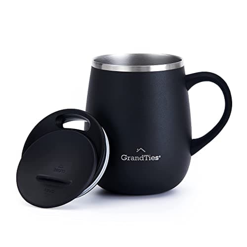 GRANDTIES Insulated Coffee Mug with Handle - Sliding Lid for Splash-Proof 16oz Wine-Glass Shape Thermal Tumbler with Double Walled Vacuum Stainless Steel to Keeps Beverages Hot or Cold-Black