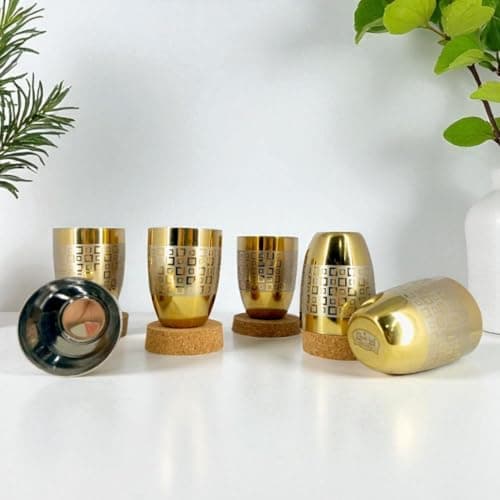 Classic Steels Stainless Steel Gold Laser Lotus Glass Set of 6 for Water, Milk, Lassi & Juice | International Standard Food Grade PVD Gold Coating | 300 ML Each | 1 Year Guarantee