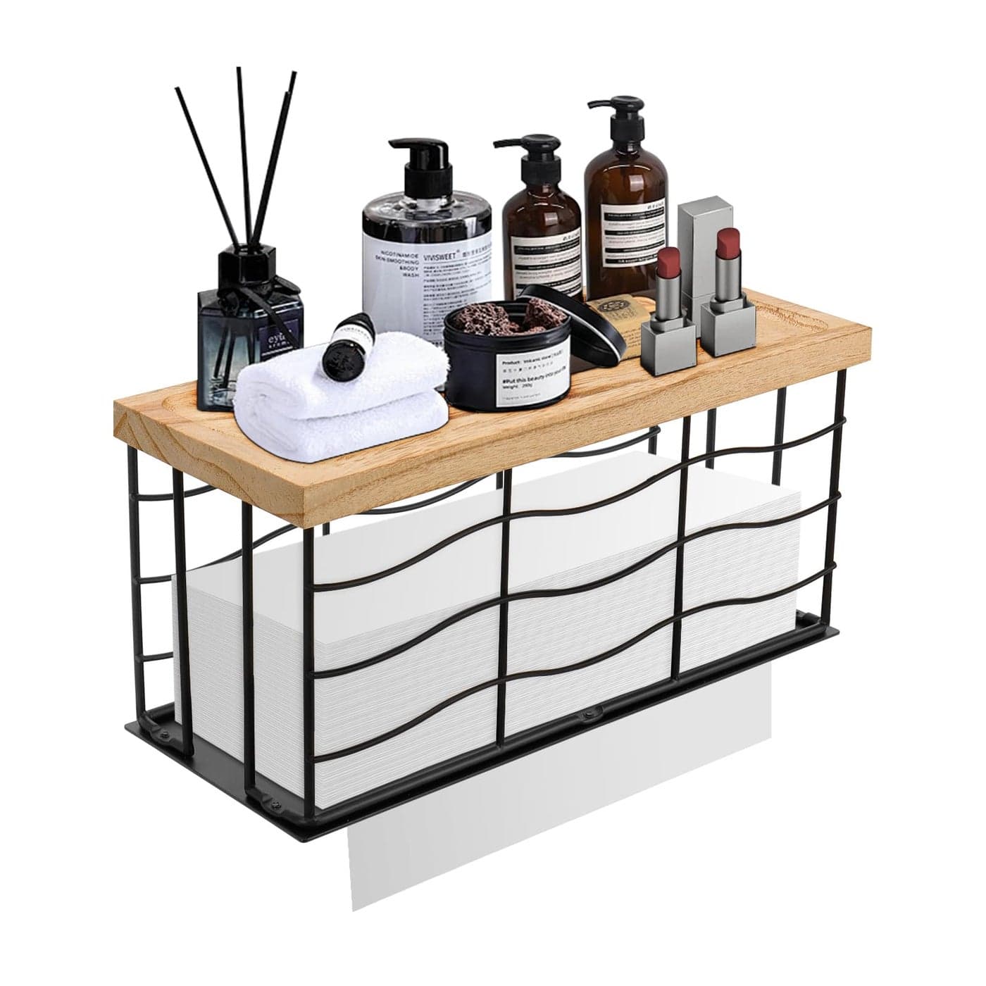 Siyzda Paper Towel Dispenser Metal Paper Towel Holder with Wood Lid Commercial Napkin Dispenser TriFold Paper Towel Stand for Home Bathroom Kitchen Wall Mounted Countertop Matte Black
