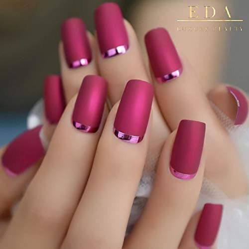 Matte Pink Chrome French Press On Nails Long Square Fake Nails with Nail Glue Reusable Nail Tips Glue On Nails 24 Nail Kit Rosey Rush