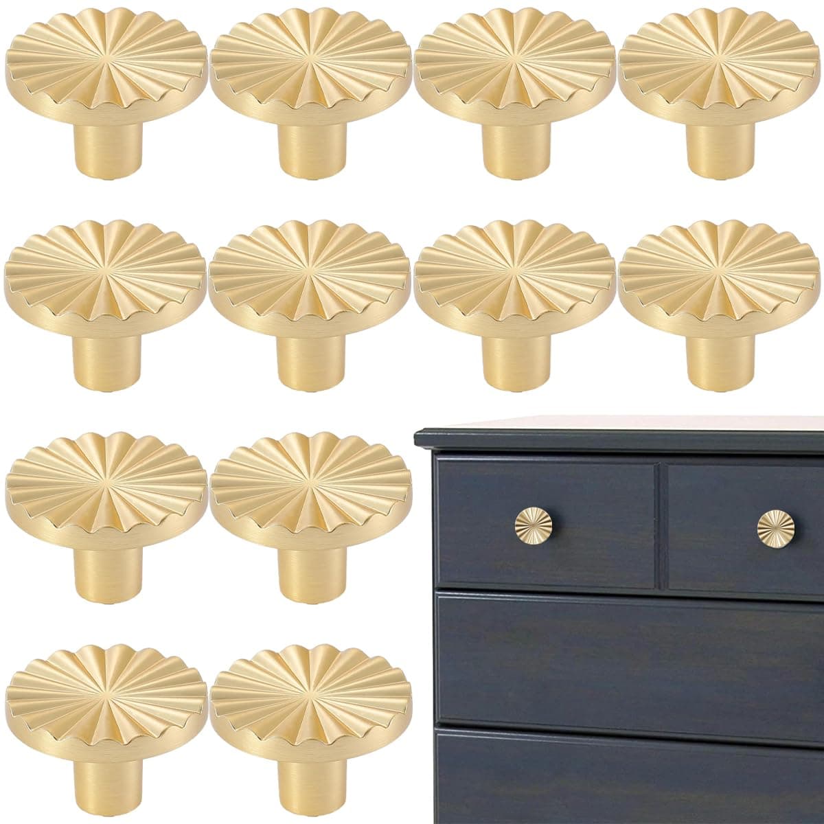AddLotLot 12 PCS Golden Cabinet knobs Round Golden Cabinet Knobs Kitchen Cabinet Pulls Round Knobs Handles for Kitchen Bedroom Bathroom Vanity Cabinets Furniture Decoration Accessories