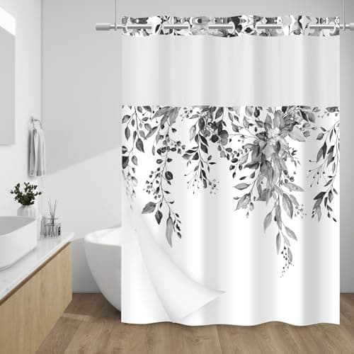 WITHLOC No Hook Shower Curtain with Snap in Liner - Eucalyptus Shower Curtain - Washable Waterproof Inner Liner, Plants Black Leaves Modern Shower Curtains - Machine Washable, 71 x 74