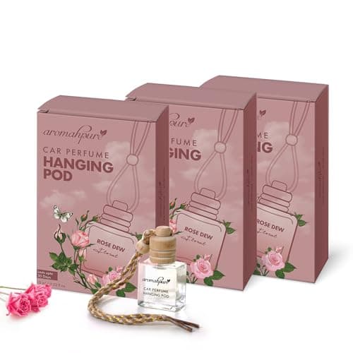 Aromahpure Premium Car Perfume Hanging Pod |10 ML |Bulgarian Rose Car Air Freshener |Natural Fragrance Oils in Glass Bottle with Wooden Diffuser Lid |Last Upto 30 Days Pack of 3, IFRA Certified