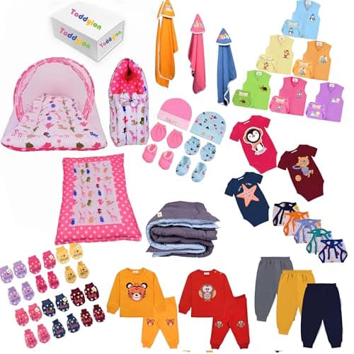 Toddylon 56 in 1 Newborn Baby Products All Cotton Gift Packs Essential Items Combo | Baby Bed | Clothing Set | Baby Grooming | Infants Kit (0-6 Months) Pink