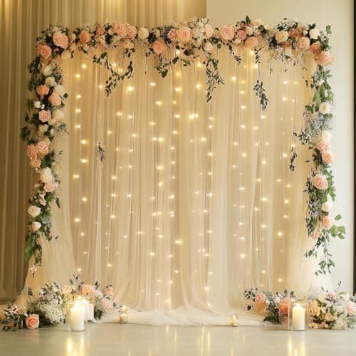 Xiomot Tulle Backdrop Curtain with Lights String 10FT X 8FT Champagne Sheer Tulle Backdrop Curtains for Wedding Birthday Party Reception Photo Booth Background Decorations 2 Panels 5x8FT