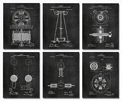 Nikola Tesla Gifts for Engineers Steampunk Wall Decor SIX (8"x10") Unframed Wall Art Patent Prints Industrial Artwork Home Decor - Electrical, Coil, Nerd, Geek, Science, Physics Decorations