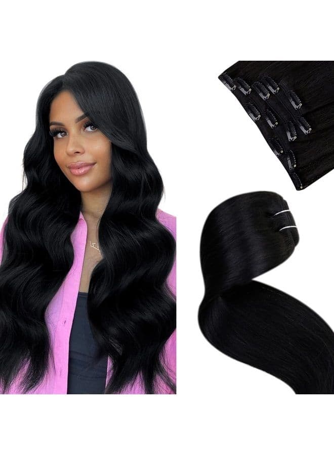 LaaVoo Hair Extensions Clip in Human Hair Jet Black Clip in Hair Extensions for Black Women Hair Extensions Real Human Hair Natural Double Weft 5pcs 80G 16 Inch