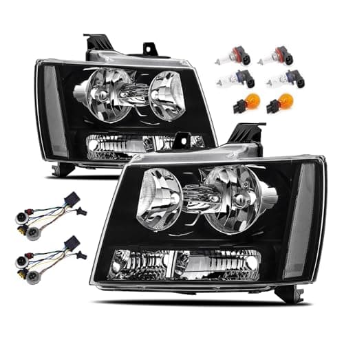 Headlights Assembly w/Bulbs & Harness compatible with 2007-2013 Chevy Tahoe Avalanche Suburban Halogen Head Light Headlamp Assembly, Black Housing Clear Side